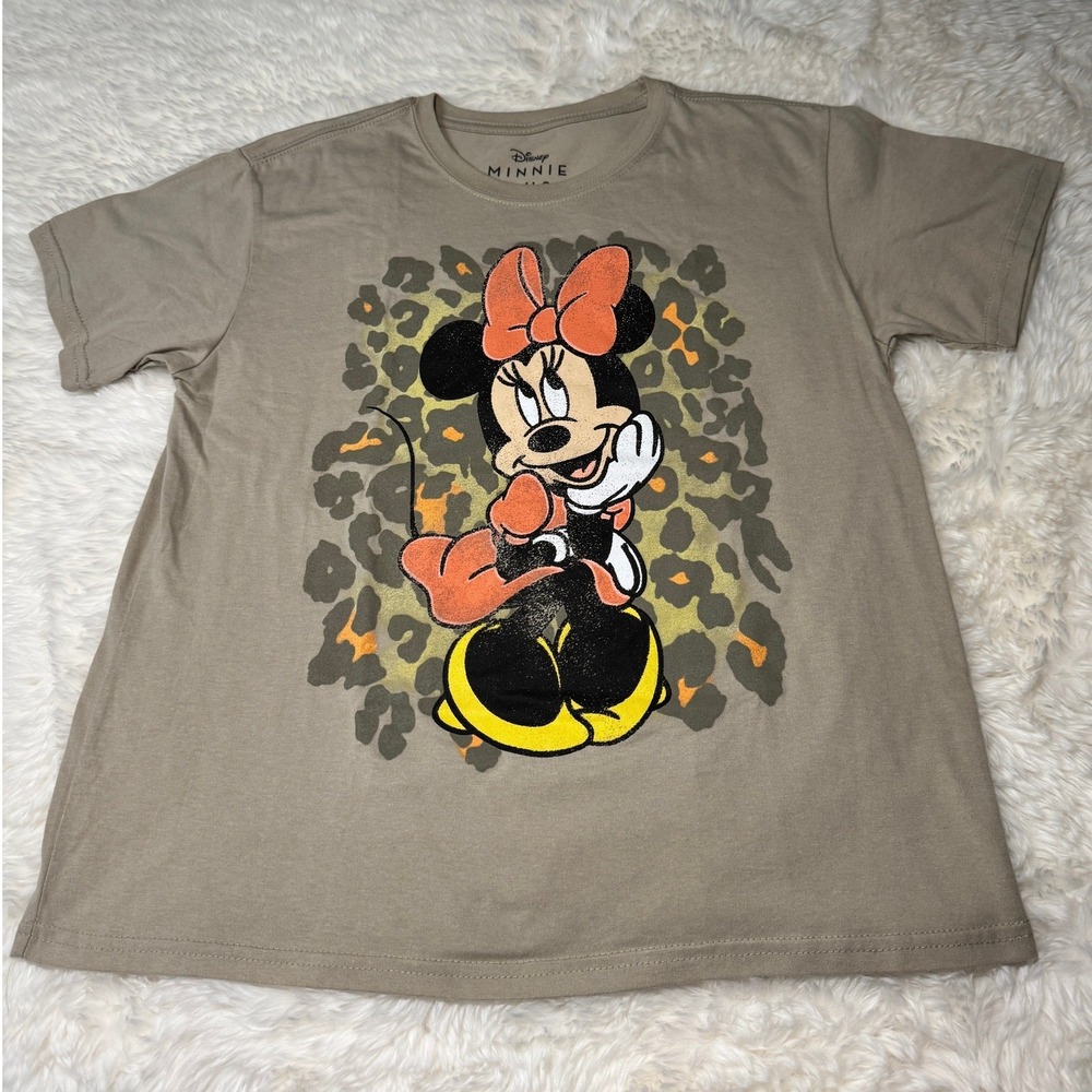 Disney Minnie Mouse Graphic Tee Leopard Print Tan Shirt Size L Cute Trendy
